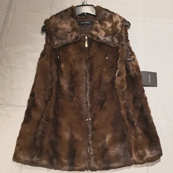 Ellen Tracy NEW VEST Crushed Faux Fur Women's L Drawstring Waist BROWN BLACK NWT - Picture 6 of 16